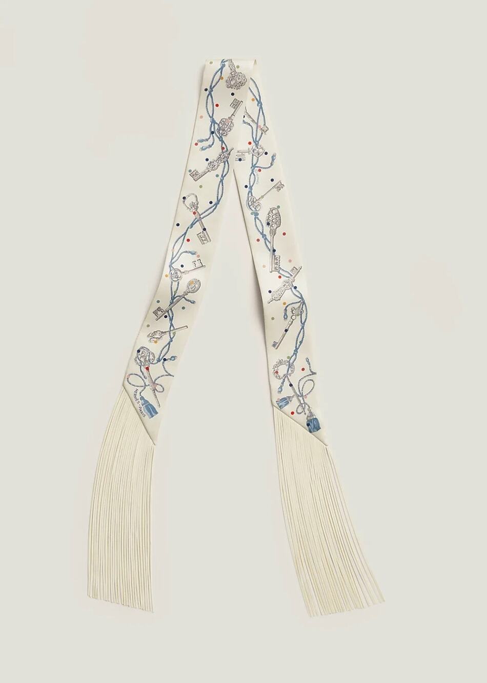 NEW AUTHENTIC Hermes LES CLES A POIS LEATHER FRINGE TWILLY Crème / Gris Perle